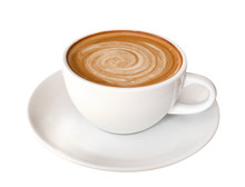 Hot Coffee Latte Cappuccino Spiral Foam Isolated On White Background, Clipping Path Included