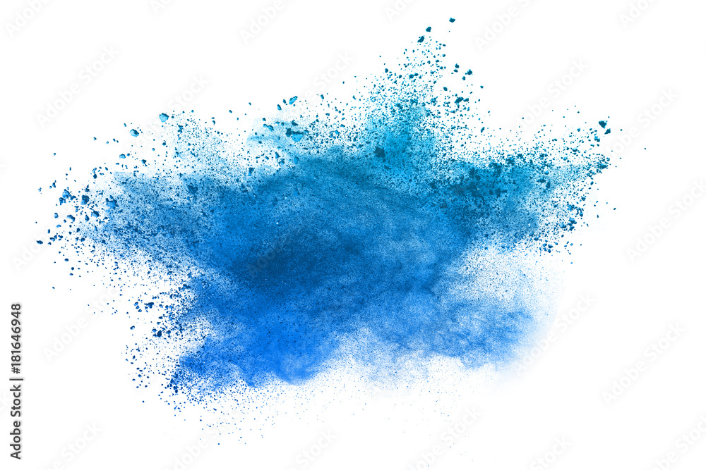 Freeze motion of blue powder explosions isolated on white background - obrazy, fototapety, plakaty 