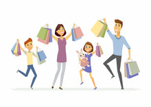 Happy Family Enjoys Shopping - Cartoon People Characters Isolated Illustration