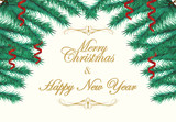 Fototapeta Do akwarium - Merry Christmas and Happy New Year and pine decoration, Greeting card on beige color background