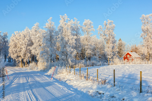 Zdjęcie XXL Zima droga z czerwoną chałupą w wiejskim krajobrazie