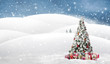 canvas print picture - Winterlandschaft mit Schneefall und schön geschmückten Weihnachtsbaum mit Geschenken