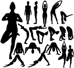 Wall Mural - Silhouettes of girl practicing yoga stretching exercises.