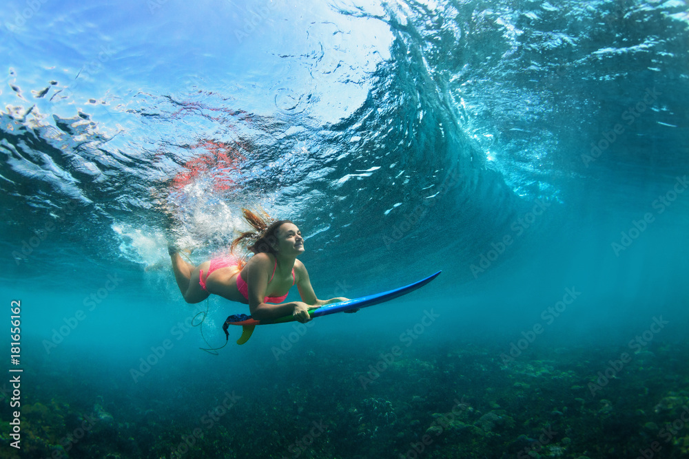Foto Auf Leinwand Seoel Active Girl In Bikini In Action Surfer Woman With Surf Board Dive Underwater Under Breaking Big Wave Teenage Lifestyle Water Sport Extreme Surfing In Adventure Camp On