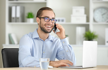 Wall Mural - Attractive man with laptop talking on phone in office