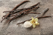 Dried vanilla sticks, flower and sugar in spoon on table