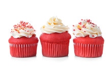 Delicious Red Velvet Cupcakes On White Background