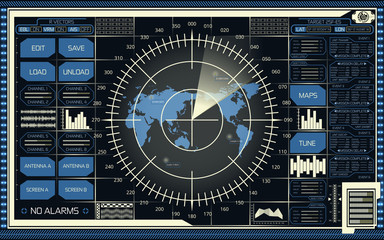 Digital radar screen with world map, targets and futuristic user interface of blue and beige shades on dark background