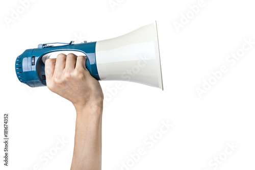 Fotografía Hand hold megaphone isolated on white background - Announcement concept