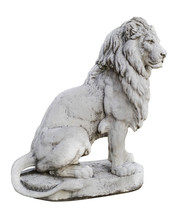 Portrait Of A Noble And Regal Male Lion Stone Statue Isolated On A White Background