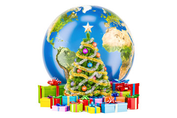 Poster - global christmas and new year concept. earth globe with christmas tree and gift boxes, 3d rendering