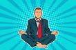 © Brazhyk - Young businessman sitting in lotus position pop art comic book vector illustration. Mental balance concept. Mental health, stress relief