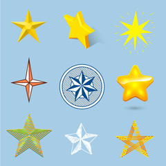 Wall Mural - Different style shape silhouette shiny star icons collection vector illustration on blue background