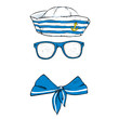 A set of seaman's clothes. Vector illustration. Clothes and accessories. A sailor in a cap, glasses and a tie.