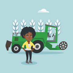 Canvas Print - Young african-american farmer standing on the background of combine harvester working in a wheat field. Vector cartoon illustration. Square layout.