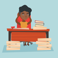 Poster - Young african-american office worker in despair sitting at workplace with heaps of papers. Stressful office worker sitting at the desk with stacks of papers. Vector cartoon illustration. Square layout