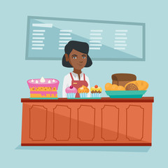 Canvas Print - Young african-american worker of the bakery offering pastry. Saleswoman standing behind the counter with cakes in the bakery. Woman working in the bakery. Vector cartoon illustration. Square layout.