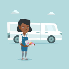 Poster - Young african-american baker standing on the background of delivery truck