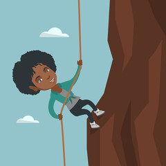 Canvas Print - African-american business woman climbing the rock. Young business woman using a rope to climb on the top of the mountain. Concept of business challenge. Vector cartoon illustration. Square layout.