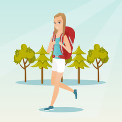 Poster - Young caucasian white backpacker with a backpack walking outdoor. Cheerful backpacker hiking in the forest during summer trip. Vector cartoon illustration. Square layout.