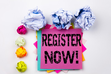 Aufkleber - writing text showing register now written on sticky note in office with screw paper balls. business 