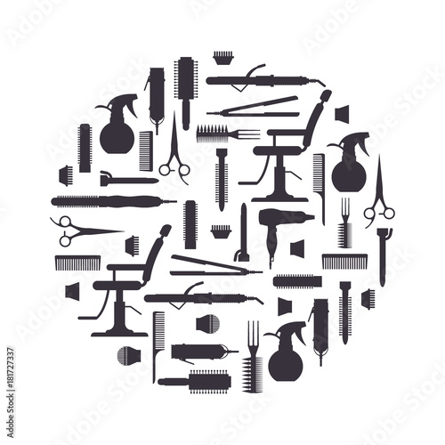 Black Silhouette Of Hairdresser Objects In Flat Style Isolated On
