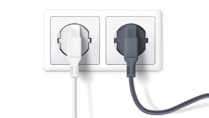 Realistic black and white plugs inserted in electrical outlet, isolated on white background. Icon of device for connecting electrical appliances, equipment. Electric plugs and socket. 3D illustration.