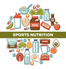 Wall Mural - Fitness food poster of sports healthy diet food nutrition icons.