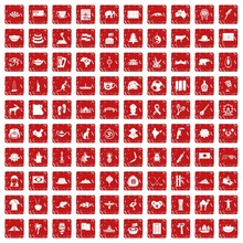 100 Landmarks Icons Set Grunge Red