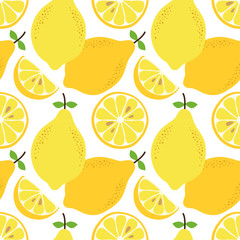 Wall Mural - Cute hand drawn seamless pattern with lemon citrus fruit and slices isolated on white background