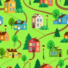 Green Summer Landscape Of Town Or Village, Seamless Pattern. Vector Children Flat Cartoon Illustration.