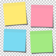 Wall Mural - Set of yellow, green, blue and pink paper sticky notes glued to the surface isolated on transparent background