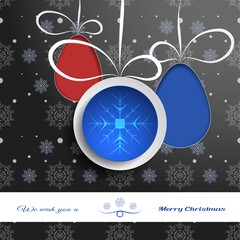 Wall Mural - Vector dark gray gradient poster for Merry Christmas holidays with group of hanging red and blue balls cut from paper and white stripe with text.