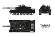 Silhouette of realistic tank blueprint. Armored car on white background. Top, side, front views. Army weapon. War camouflage transport. Vector illustration
