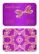Luxury violet gift card with dragonfly ornament. Front side with golden embossed relief, back side with gold circle ornament decoration