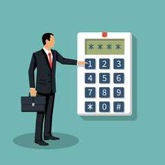 Businessman in suit with briefcase presses on button, entering security system code. Combination  PIN code on keypad. Man pres code. Digital combination lock wall. Vector flat design. Password alarm.