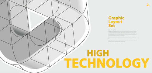 Graphic layout set with abstract curved vector shape, reminiscent of technological development, nanotechnology component. Isometric brand high technology institution, research center, laboratories.