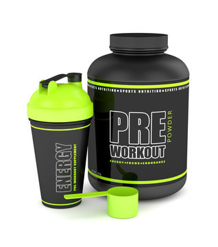 3d render of pre-workout powder with shaker and spoon