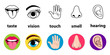Set of five human senses: vision (eye), smell (nose), hearing (ear), touch (hand), taste (mouth with tongue). Simple line icons and color circles. vector illustration isolated on white background
