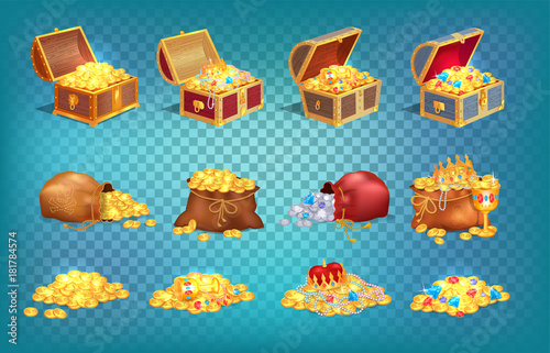 Fotomural Gold Treasures in Old Wooden Chest and Fabric Bag