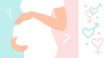 Gender Symbol Pink And Blue Icon. Boy Or Girl. Pregnant Woman In White Dress Touching Her Big Belly.Vector Simple Illustration Can Be Used For Baby Shower ( Gender Reveal Party) Invitation Card.