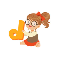 Wall Mural - Cheerful baby girl character sitting on the floor with toy letter D for speech games. Cartoon kid character in flat style