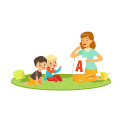 Wall Mural - Woman with toddlers sitting on round carpet and playing in educational game for speech development. Flat people characters