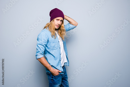 Handsome Young Guy With Stubble Long Blonde Hair Is