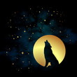 Silhouette of wolf howling at the full moon vector illustration. Pagan totem, wiccan familiar spirit art