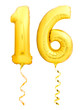 Golden number 16 sixteen made of inflatable balloon with ribbon isolated on white