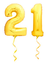 Golden Number 21 Twenty One Made Of Inflatable Balloon With Ribbon Isolated On White