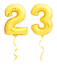 Golden Number 23 Twenty Three Made Of Inflatable Balloon With Ribbon Isolated On White