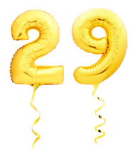 Golden Number 29 Twenty Nine Made Of Inflatable Balloon With Ribbon Isolated On White