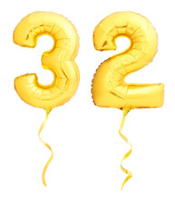 Golden Number 31 Thirty Two Made Of Inflatable Balloon With Ribbon On White